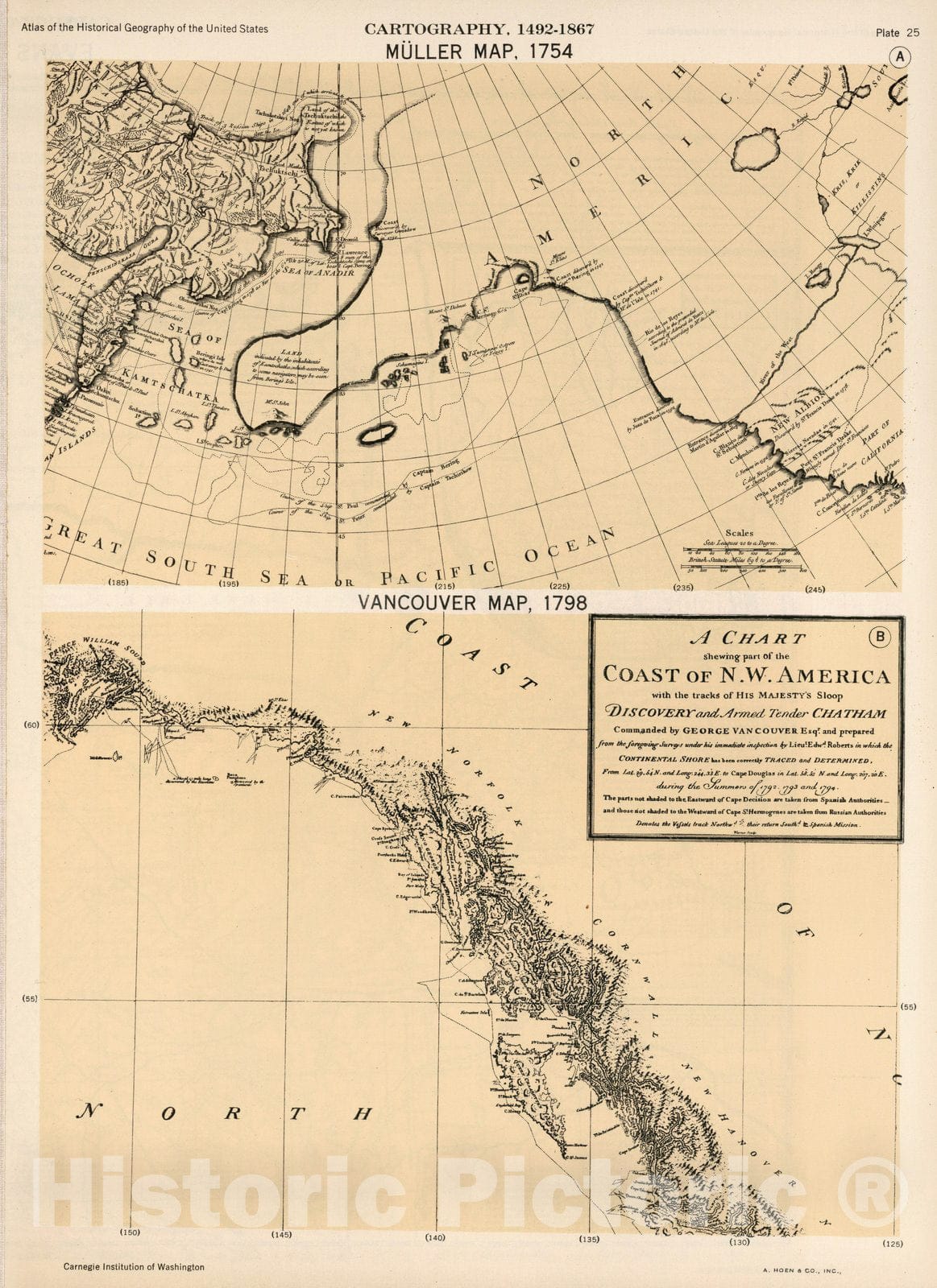Historic Wall Map : Plate 25. Facsimile Cartography 1492-1867. Muller Map, 1754. Vancouver Map, 1798, 1798 - Vintage Wall Art