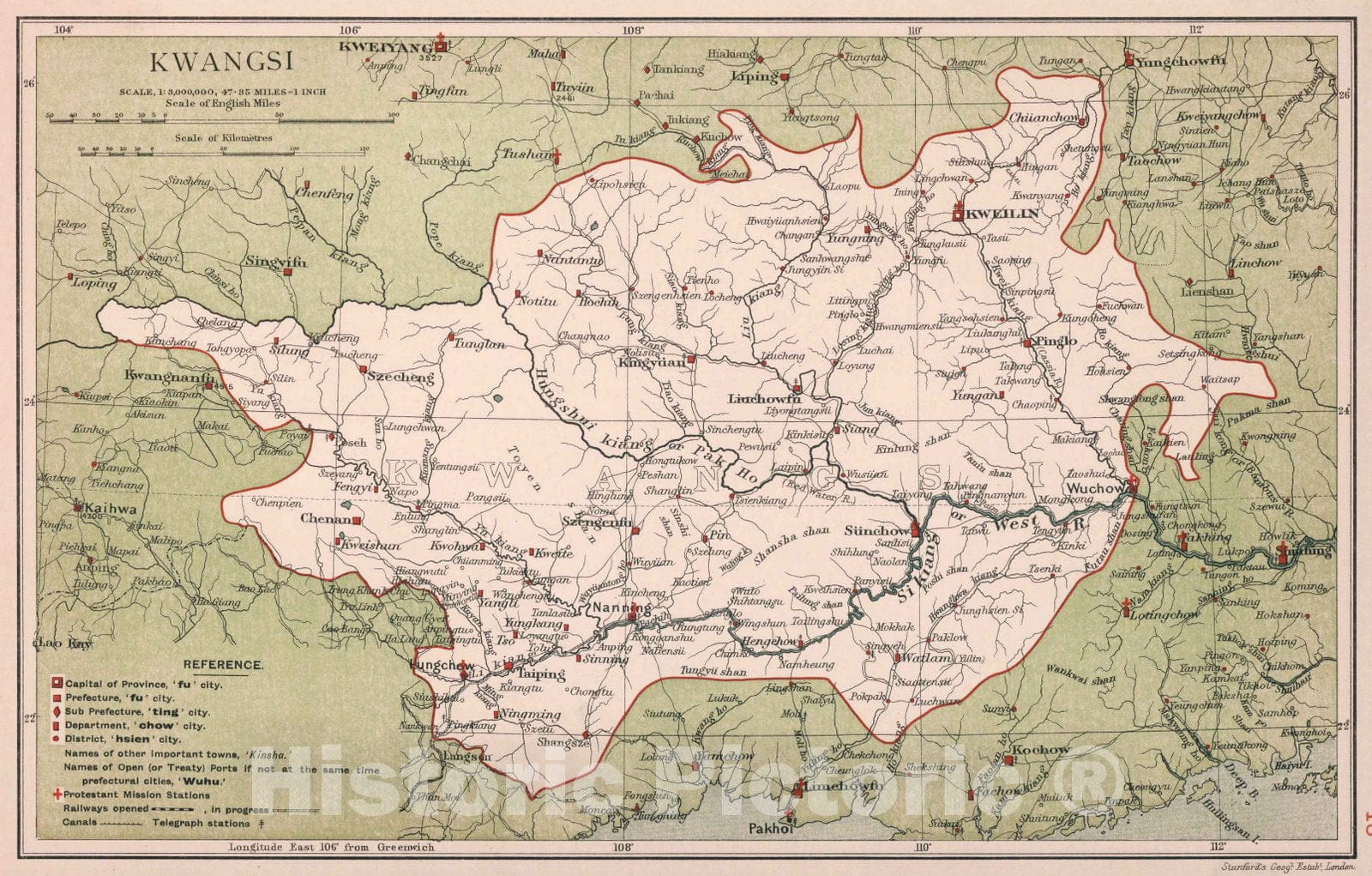 Historic Map : Kwangsi. Stanford's Geographical Establishment 1908 - Vintage Wall Art