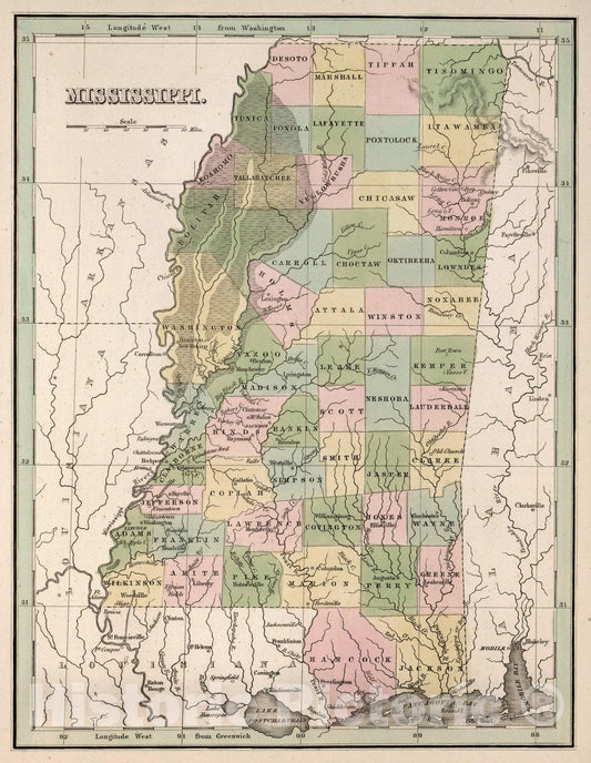 Historic Map : World Atlas Map, Mississippi 1838 - Vintage Wall Art