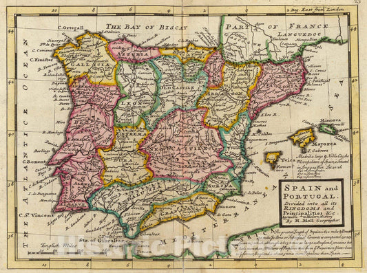 Historic Map : World Atlas Map, Spain and Portugal. 1736 - Vintage Wall Art