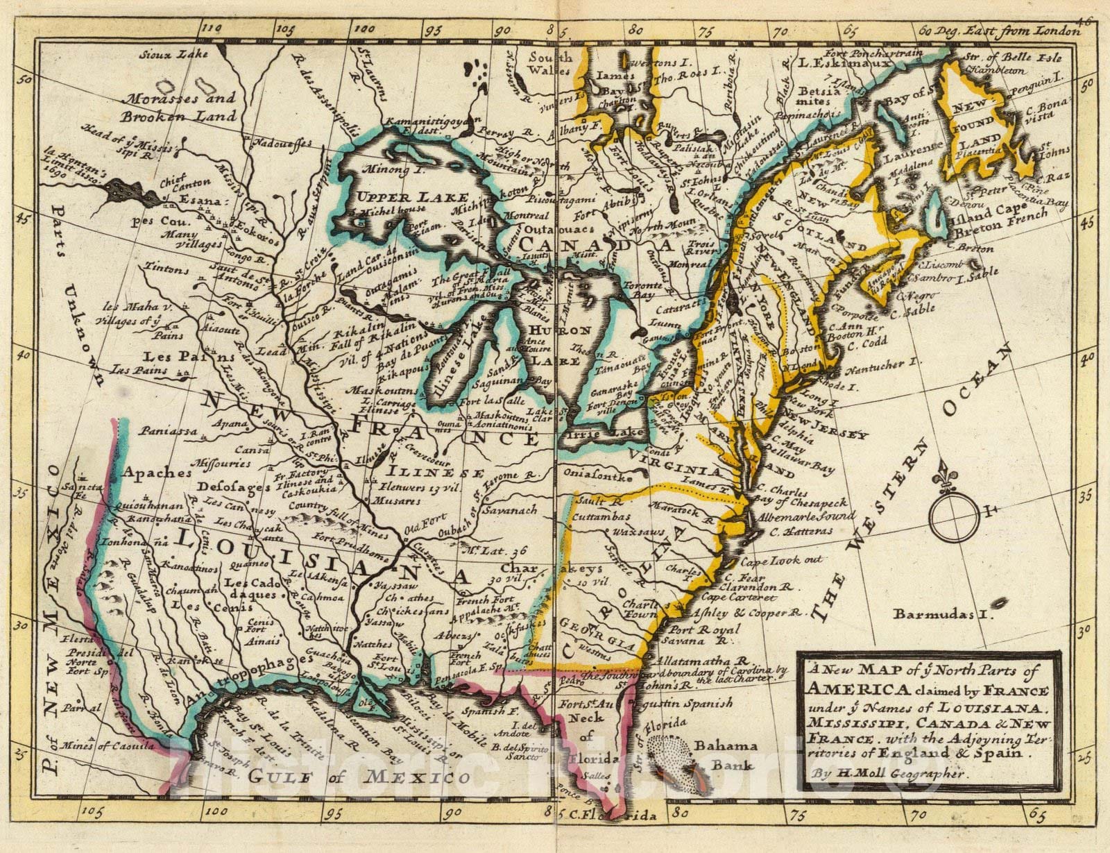 Historic Map : New map of ye north parts of America, 1736 - Vintage Wall Art
