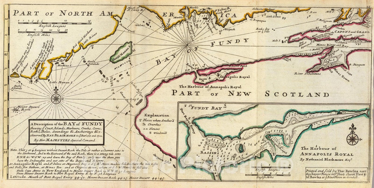 Historic Map - World Atlas Map, Bay of Fundy and harbour of Annapolis Royal. 1736 - Vintage Wall Art