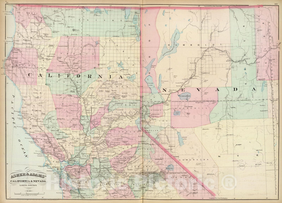 Historic Map : Calif, Nev. north. 1874 - Vintage Wall Art