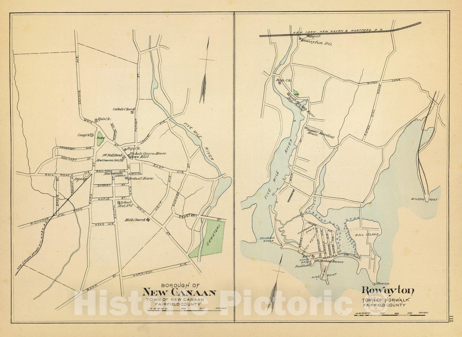 Historic Wall Map : State Atlas Map, New Canaan, Rowayton. 1893 - Vintage Wall Art