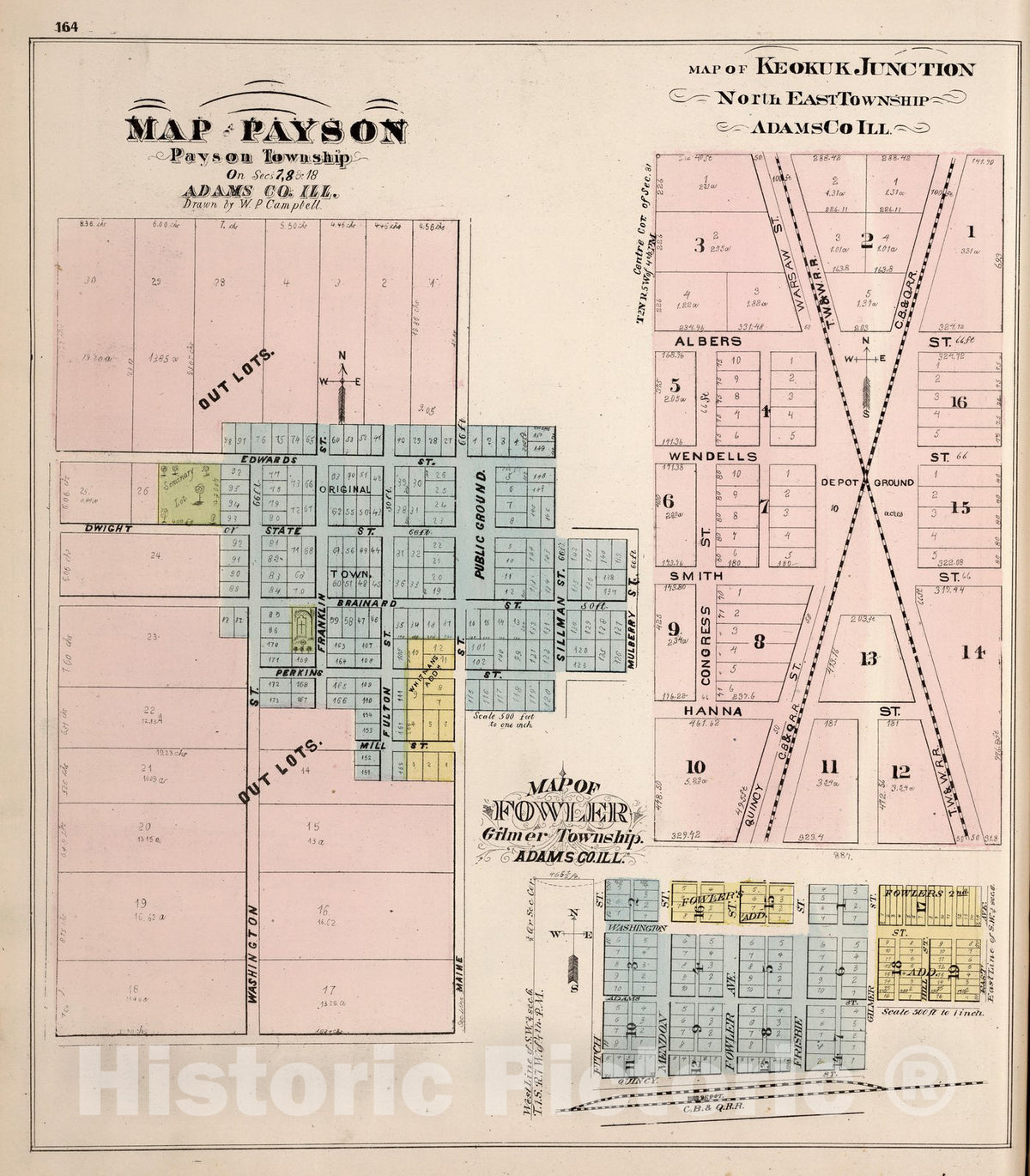 Historic Map : County Atlas Map, Payson. Keokuk Junction. Fowler, Illinois. 1872 - Vintage Wall Art