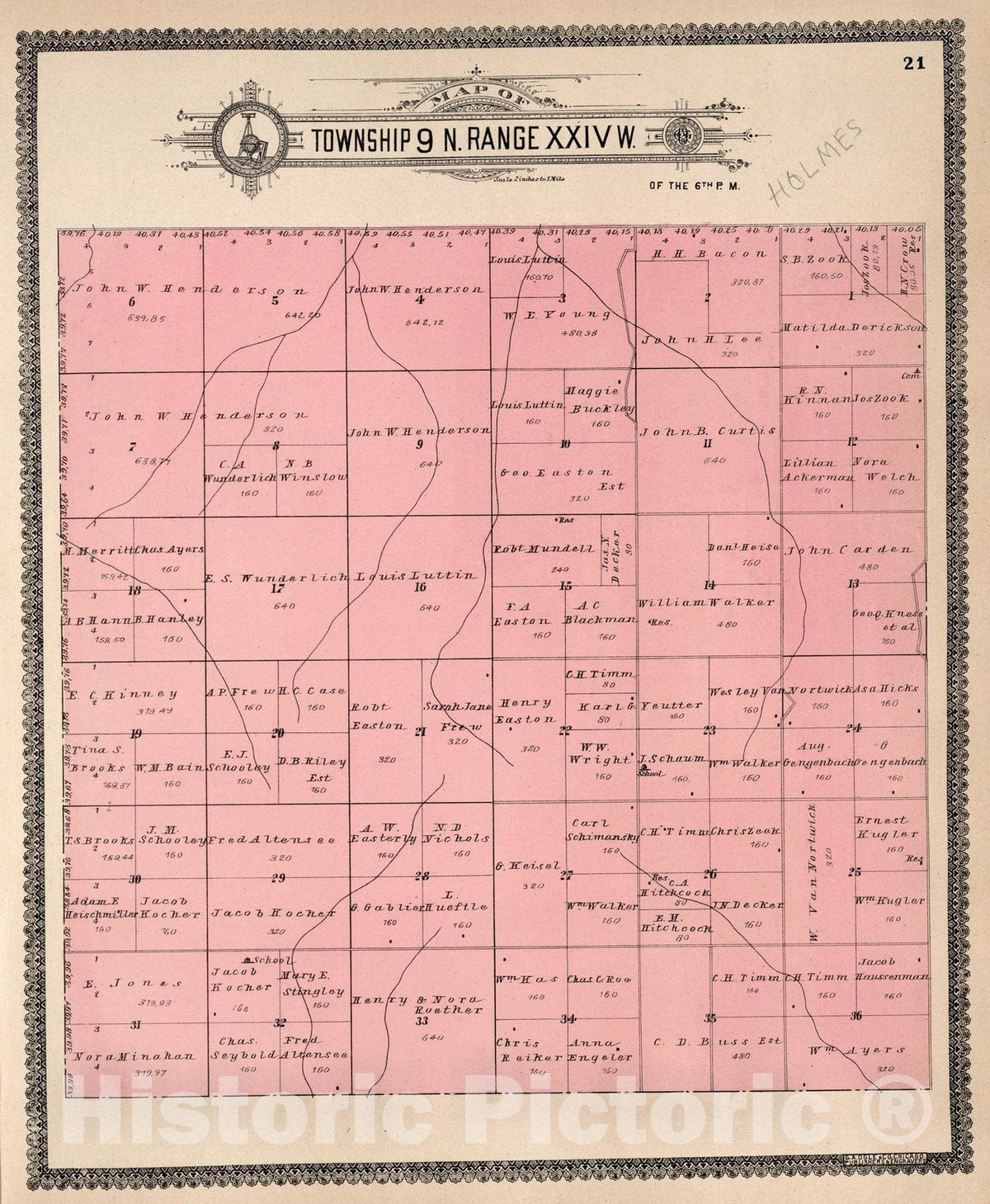 Historic Wall Map : Dawson County Nebraska, County Atlas Map, Township 9 N. Range XXIV W. 1904 - Vintage Wall Art