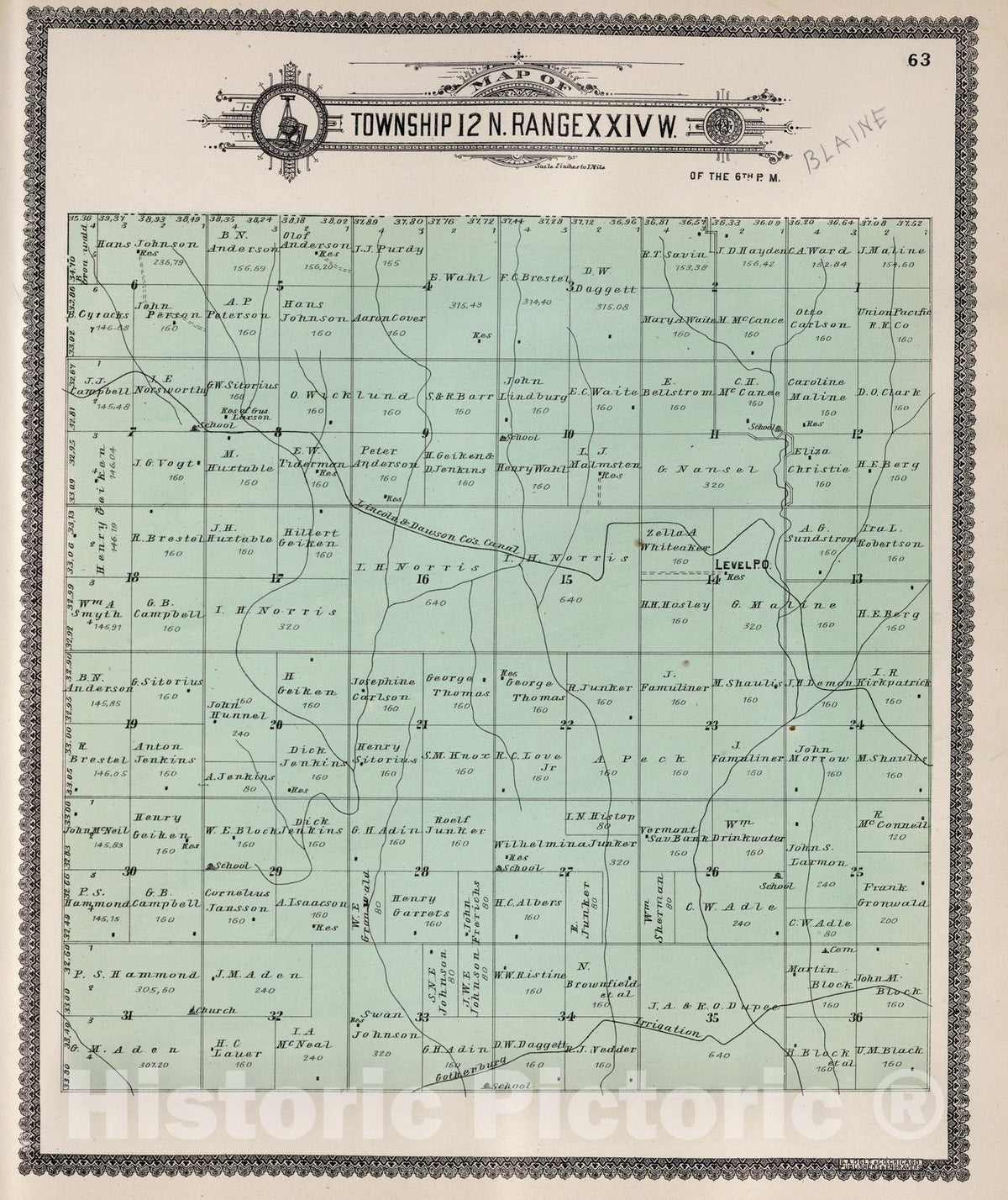 Historic Map : Dawson County Nebraska, County Atlas Map, Township 12 N. Range XXIV W. 1904 - Vintage Wall Art