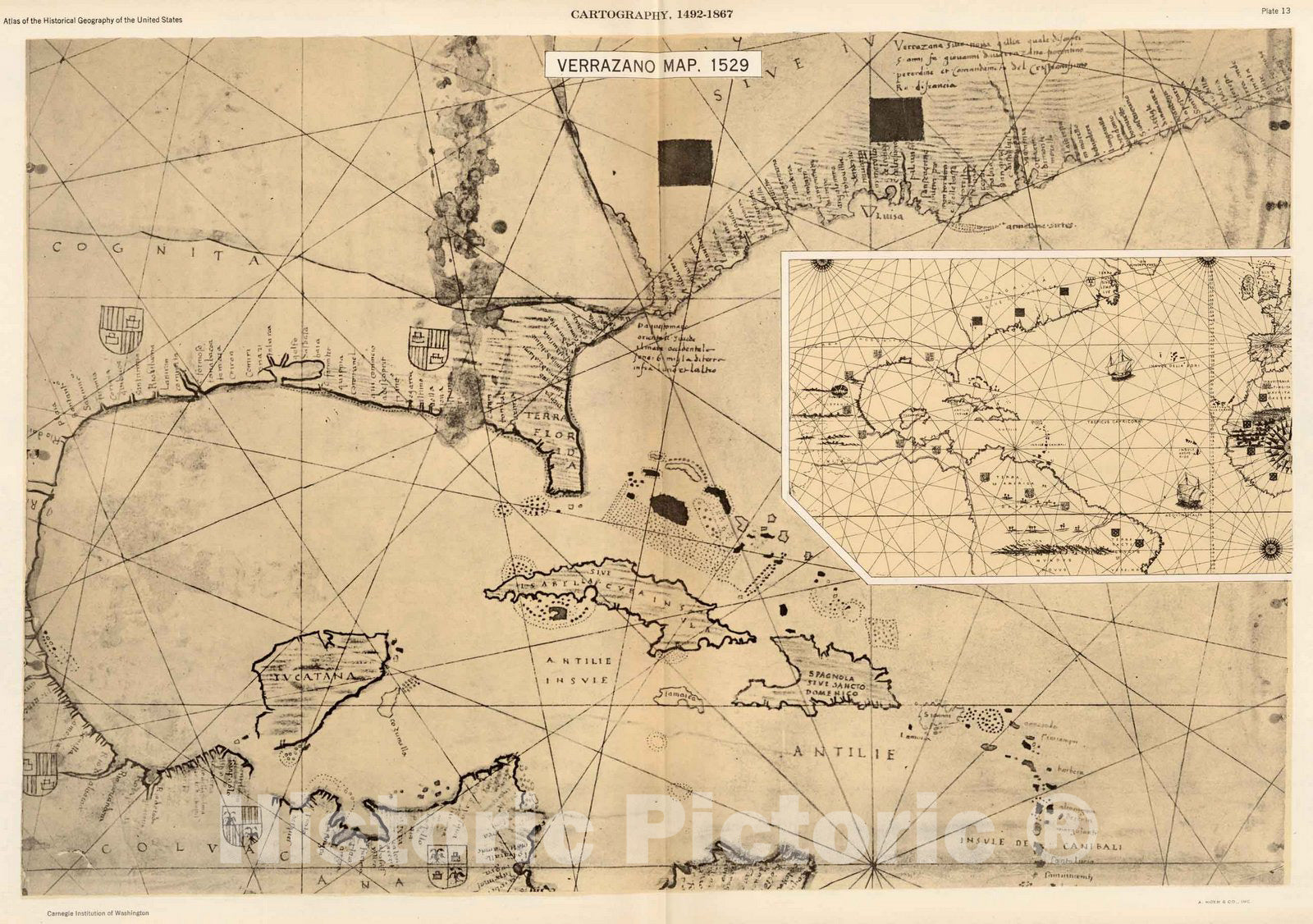 Historic Map : Plate 13 Facsimile Cartography 1492-1867. Verrazano Map, 1529, 1529 - Vintage Wall Art