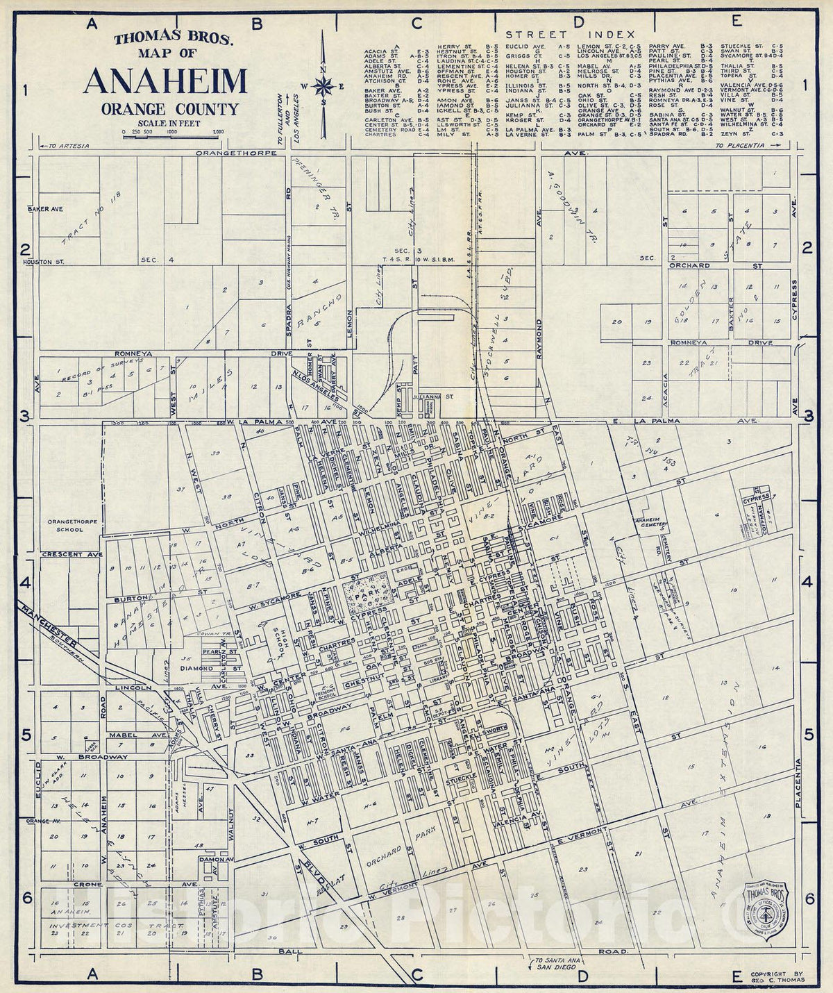 1938 Anaheim, Orange County, California - Roads Map - Thomas Bros. Historical Map Print