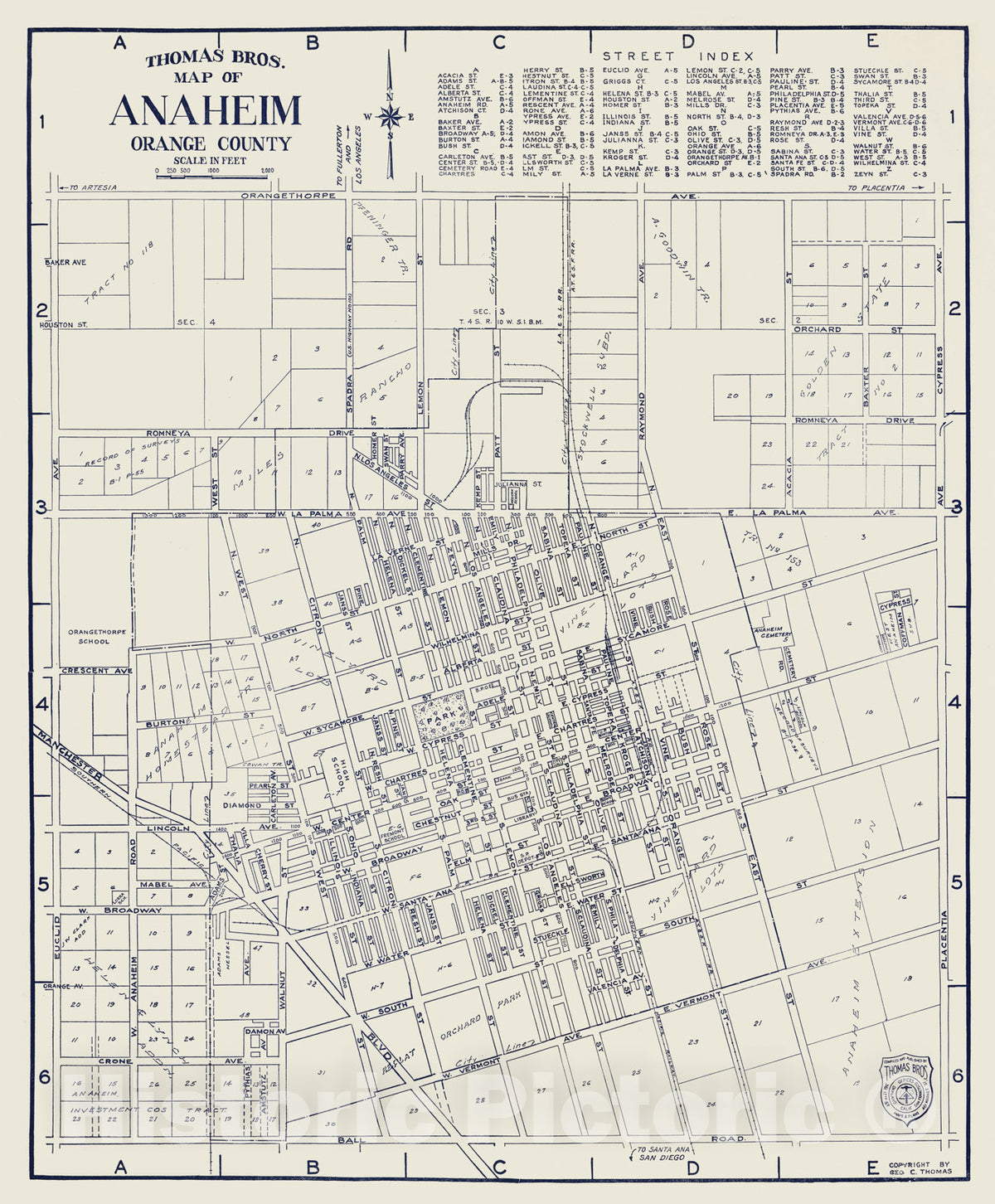 Historic Map - Thomas Bros. Map of Anaheim, Orange County, California, 1938 - Vintage Wall Art