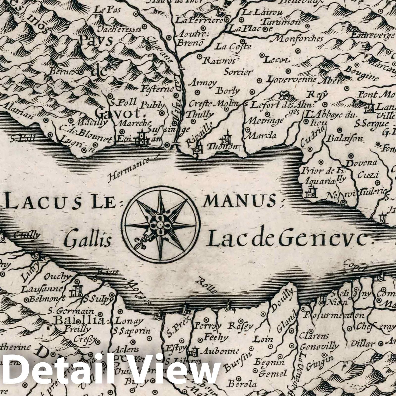Lake Geneva - River Map, 1636 - Historical Map Print
