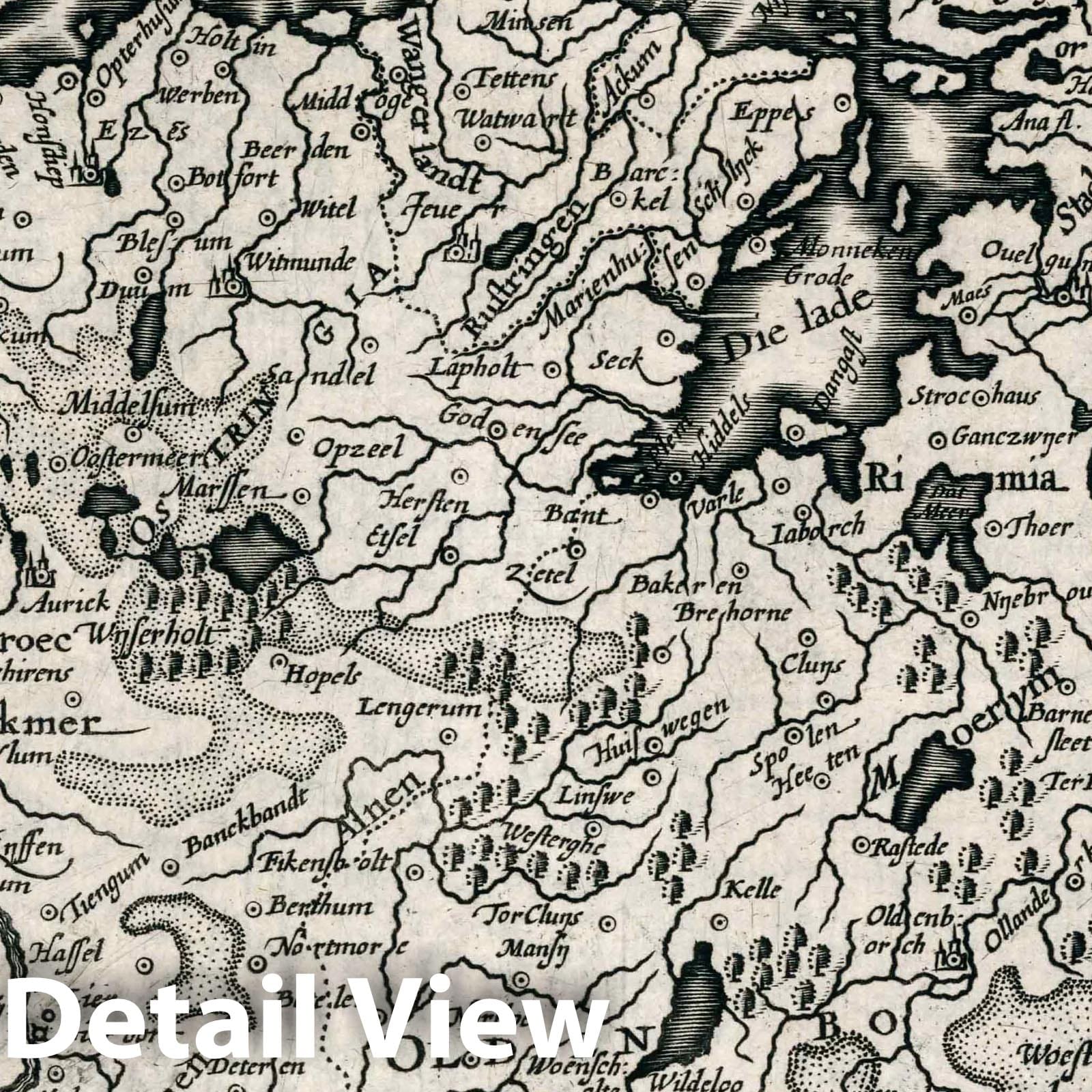 Emden and Oldenburg, Germany - River Map, 1636 - Historical Map Print