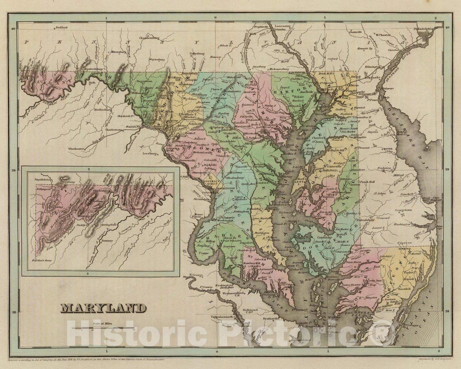 Historic Map : Maryland. 1838 - Vintage Wall Art