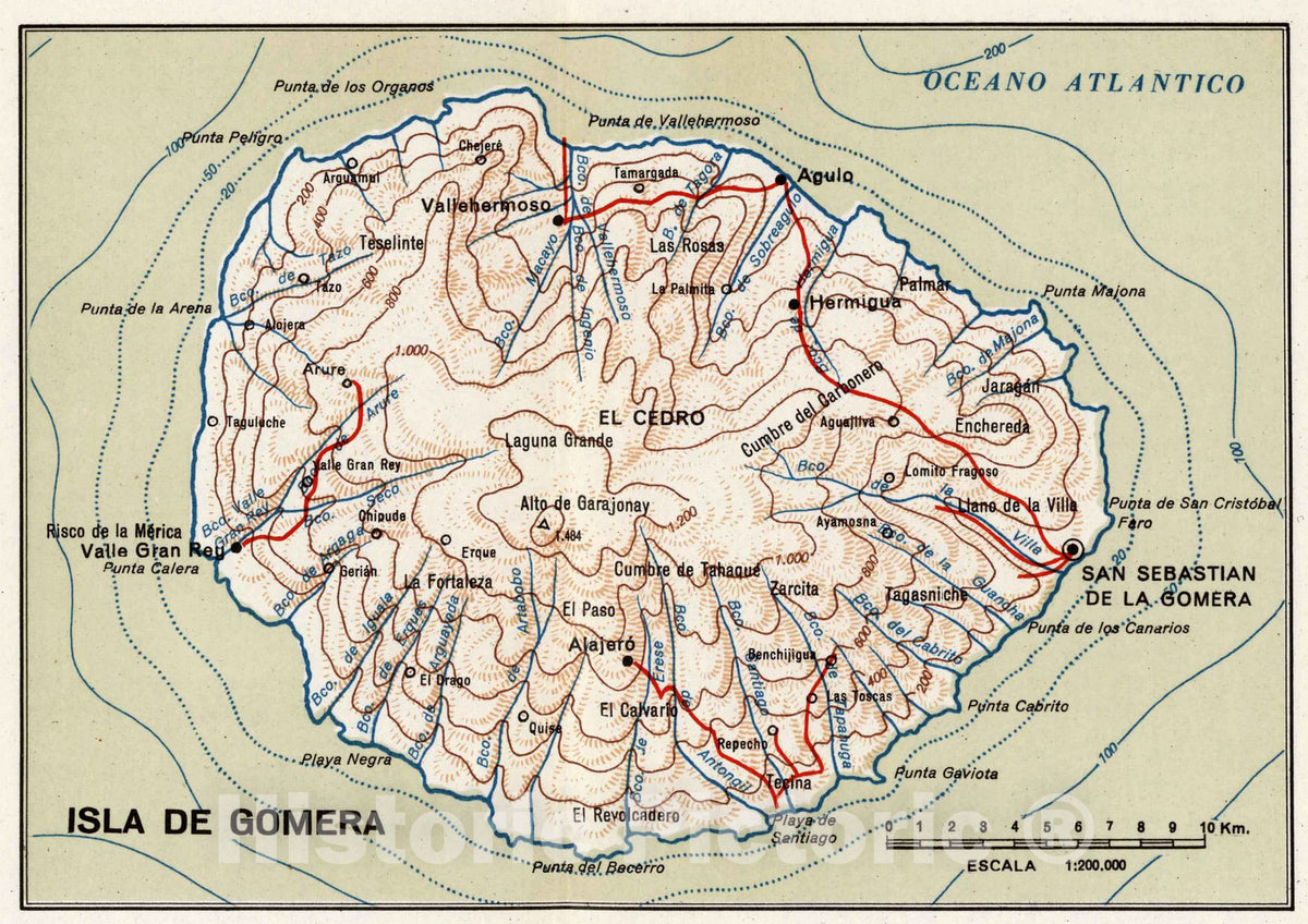 Historic Map : Gomera (Canary Islands) Geography Book, Isla de Gomera. 1953 , Vintage Wall Art