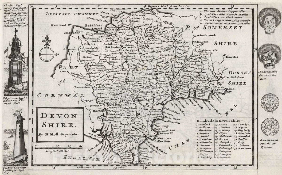 Historic Map : Devon Shire. By H.Moll Geographer 1724 - Vintage Wall Art