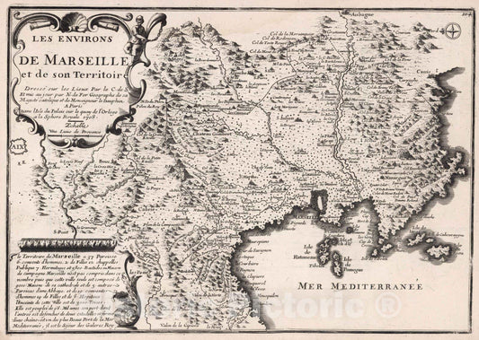 Historic Map : World Atlas Map, Les Environs de Marseille et de son Territoire. 1708 - Vintage Wall Art