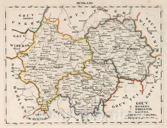 Historic Map : Russia, V.3:11-15:XIII. Russland. Gouv: 6. Moskq. 7. Smolensk. 21. Kaluga 1829 , Vintage Wall Art