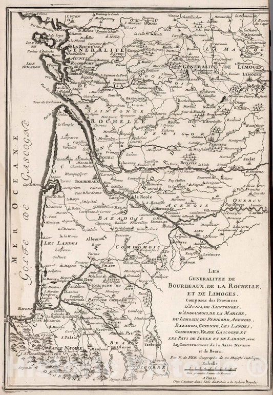 Historic Map : World Atlas Map, Les Generalitez de Bourdeaux, de la Rochelle, et de Limoges. 1717 - Vintage Wall Art