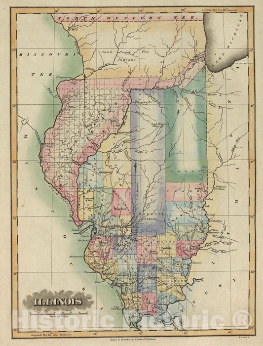 Historic Map - Atlas Map, Illinois. 1823, - Vintage Wall Art