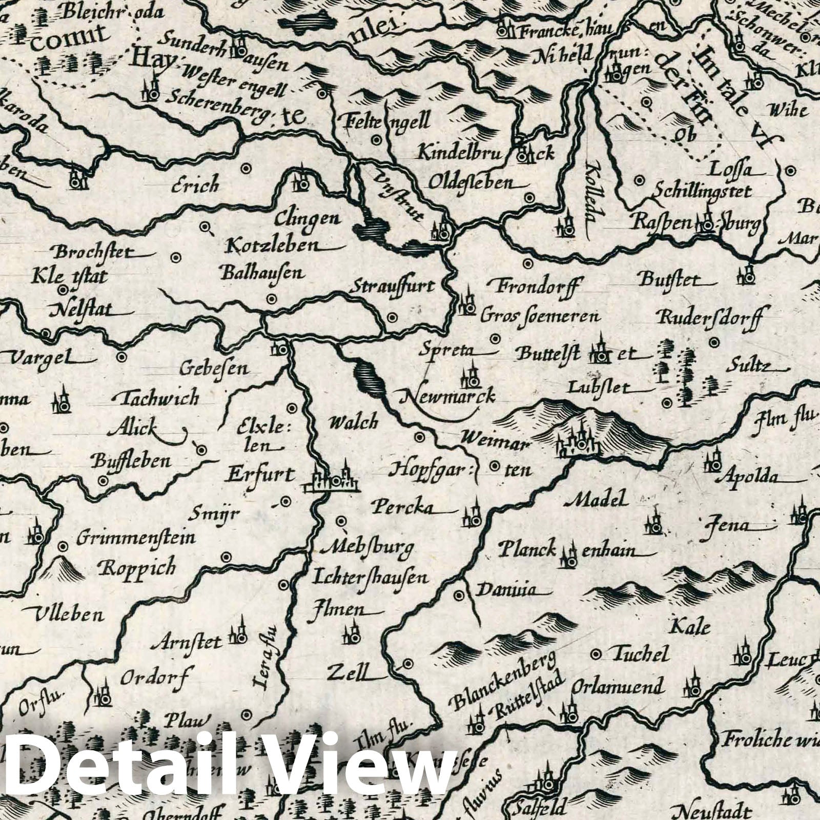 Thuringia, Germany - River Map, 1636 - Historical Map Print