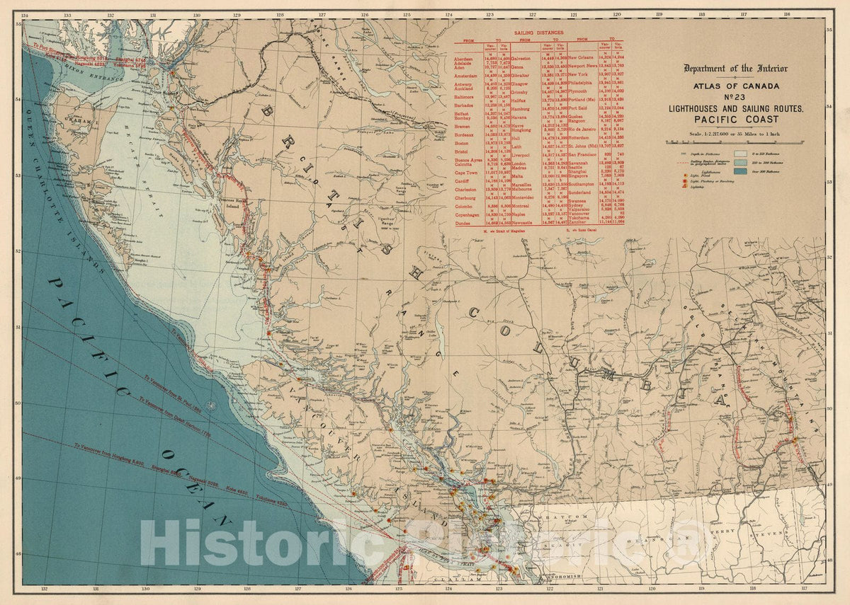 Historic Map : No. 23, Lighthouses and sailing routes : Pacific Coast 1906 - Vintage Wall Art