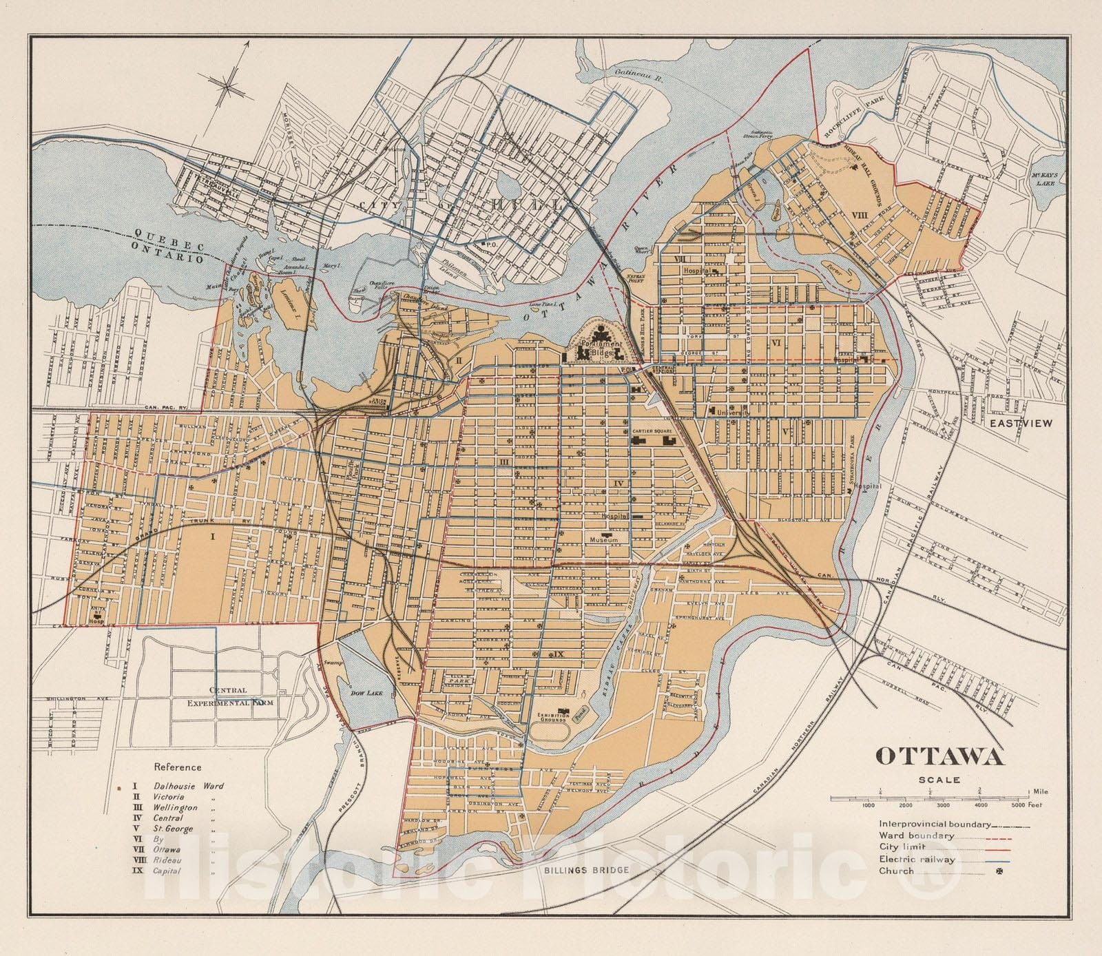 Historic Map : Canada , Ottawa, Otawa 1915 , Vintage Wall Art