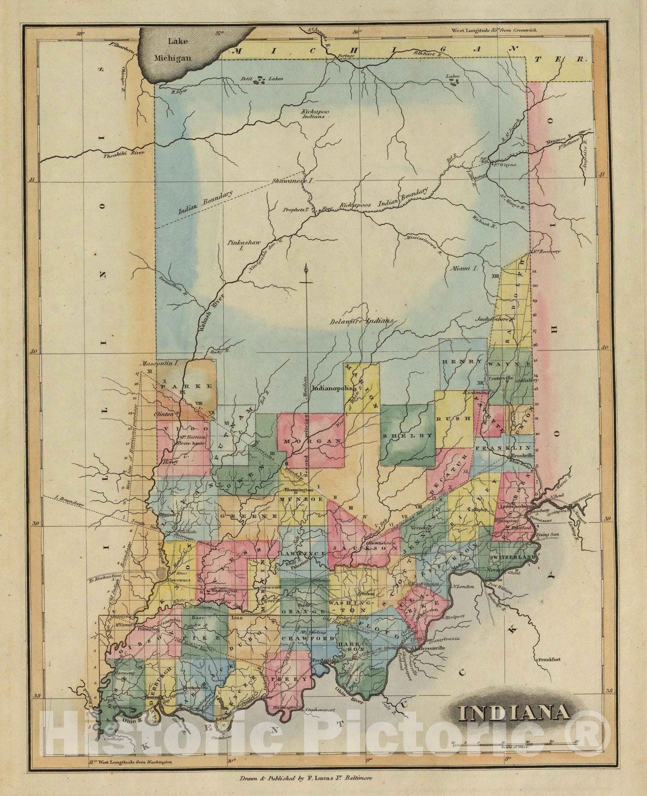 Indiana - River Map, 1823 - Historical Map Print