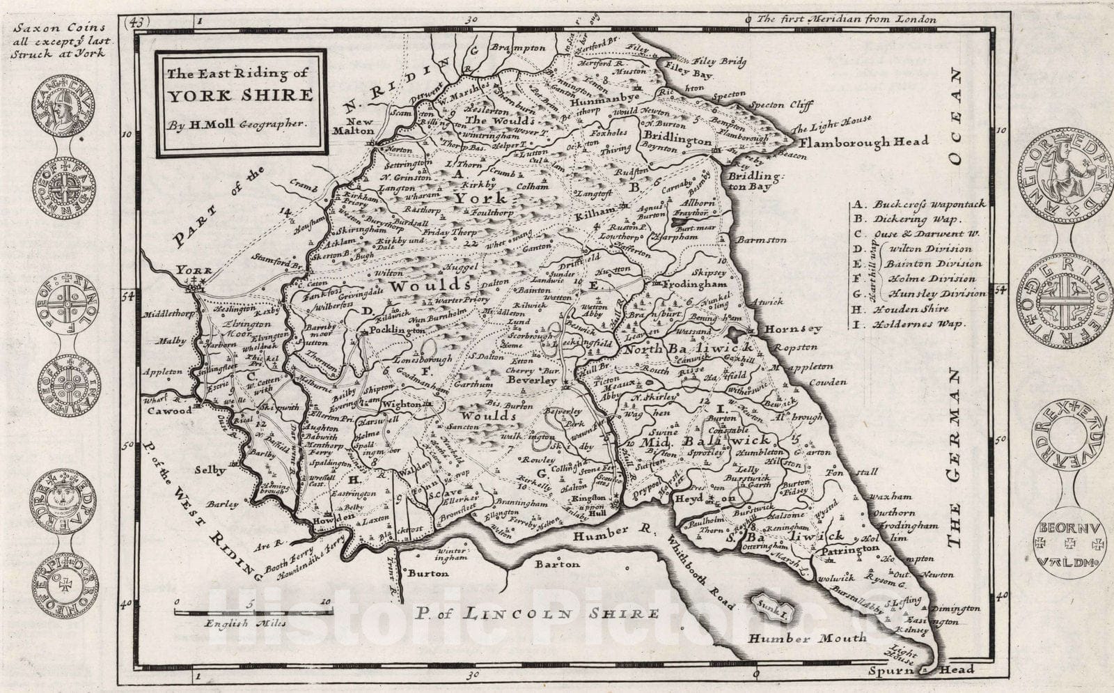 Historic Map : The East Riding of York Shire. By H. Moll Geographer 1724 - Vintage Wall Art