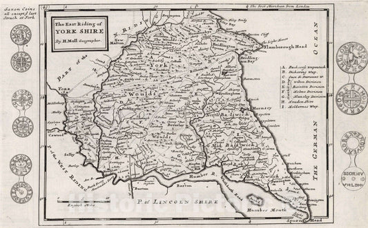 Historic Map : The East Riding of York Shire. By H. Moll Geographer 1724 - Vintage Wall Art