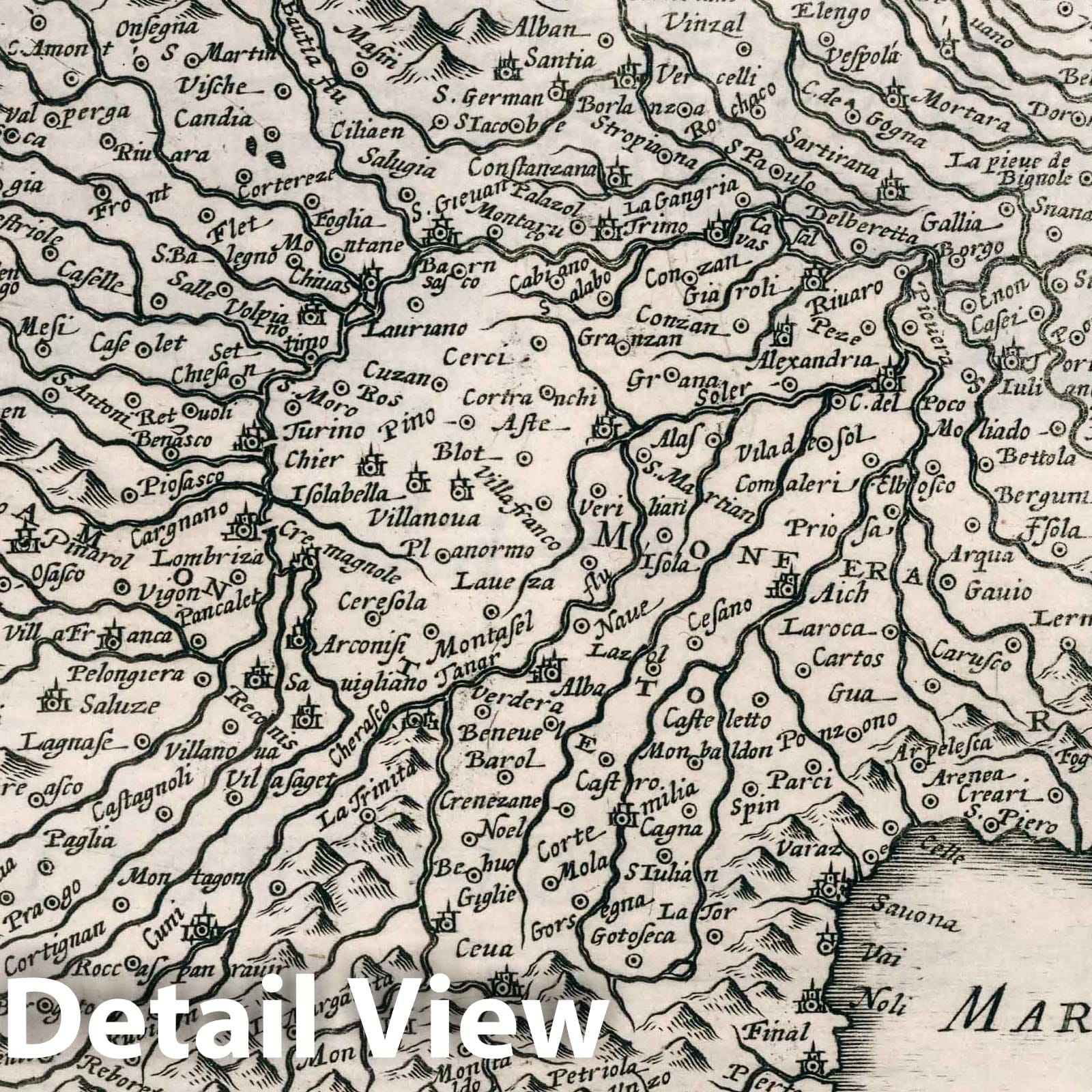 Piedmont Region, Genoa, and Montferrat - River Map, 1636 - Historical Map Print