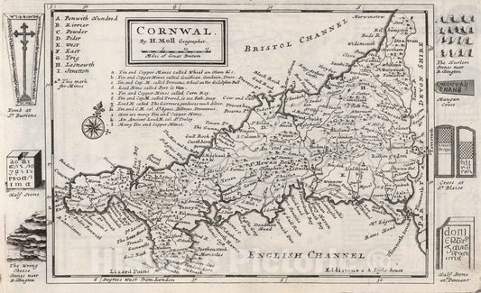 Historic Map : Cornwal. By H.Moll Geographer 1724 - Vintage Wall Art