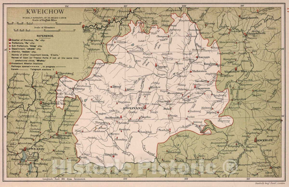 Historic Map : Kweichow. Stanford's Geographical Establishment 1908 - Vintage Wall Art
