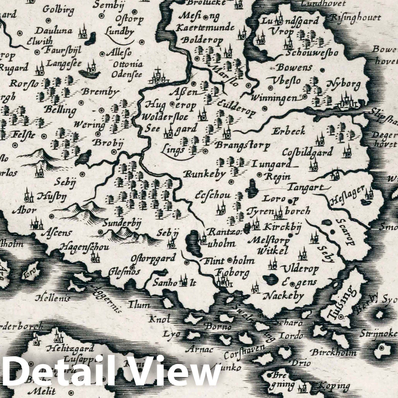 Fyn and Surrounding Islands - River Map, 1636 - Historical Map Print