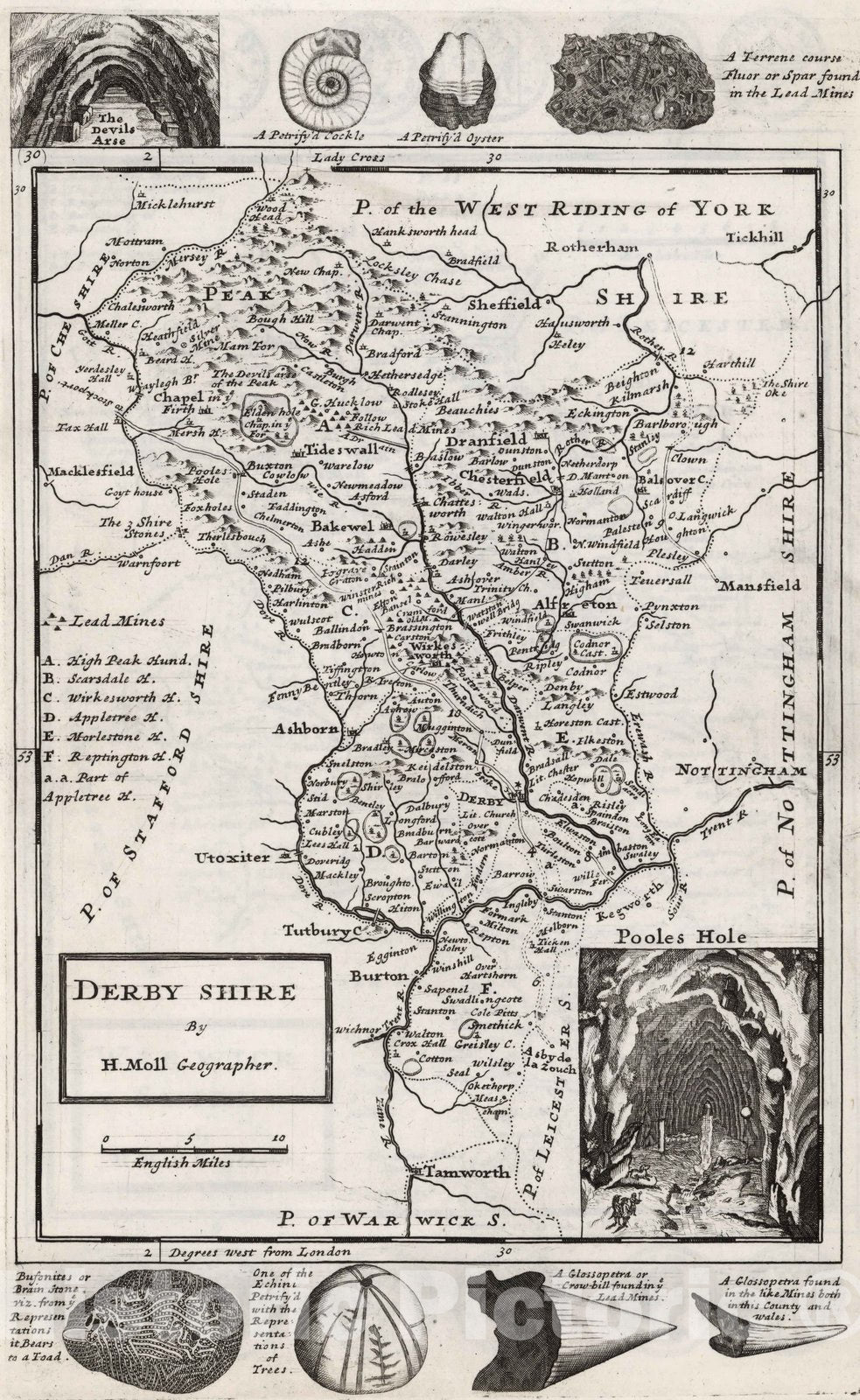 Historic Map : Derby Shire. By H. Moll Geographer 1724 - Vintage Wall Art