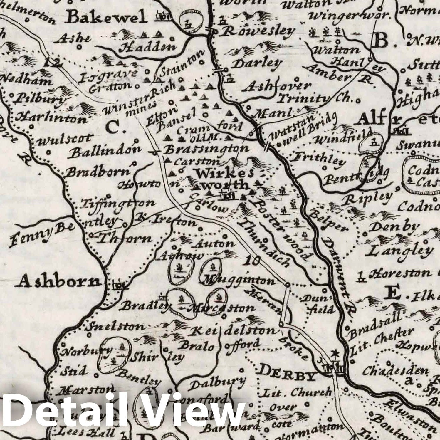 Derbyshire - Road Map, 1724 by Herman Moll - Historical Map Print