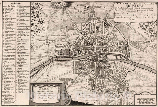 Historic Map : Paris , France,Sixieme Plan de La Ville de Paris. 1714 , Vintage Wall Art