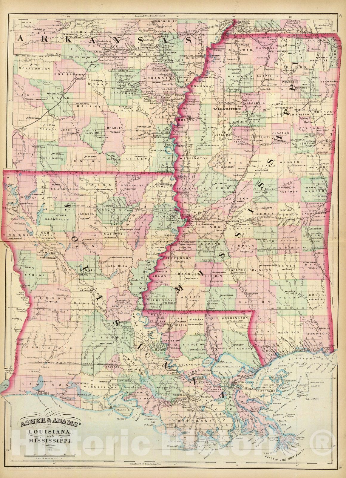 Historic Wall Map : Louisiana, Mississippi. 1874 - Vintage Wall Art