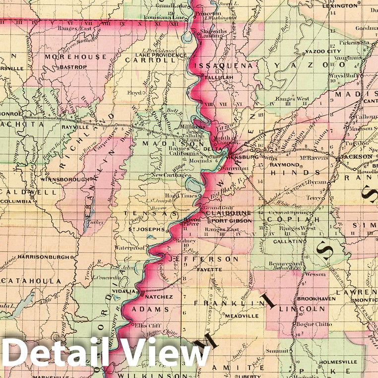 Louisiana and Mississippi - Railroad Map, 1874 - Asher & Adams Historical Reproduction