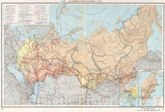 Russian Expeditions in the 18th Century with Kamchatka and East Siberia - Route Map, 1959