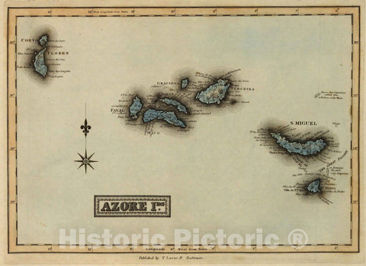 Historic Map : World Atlas Map, Azore Ids. 1823 - Vintage Wall Art