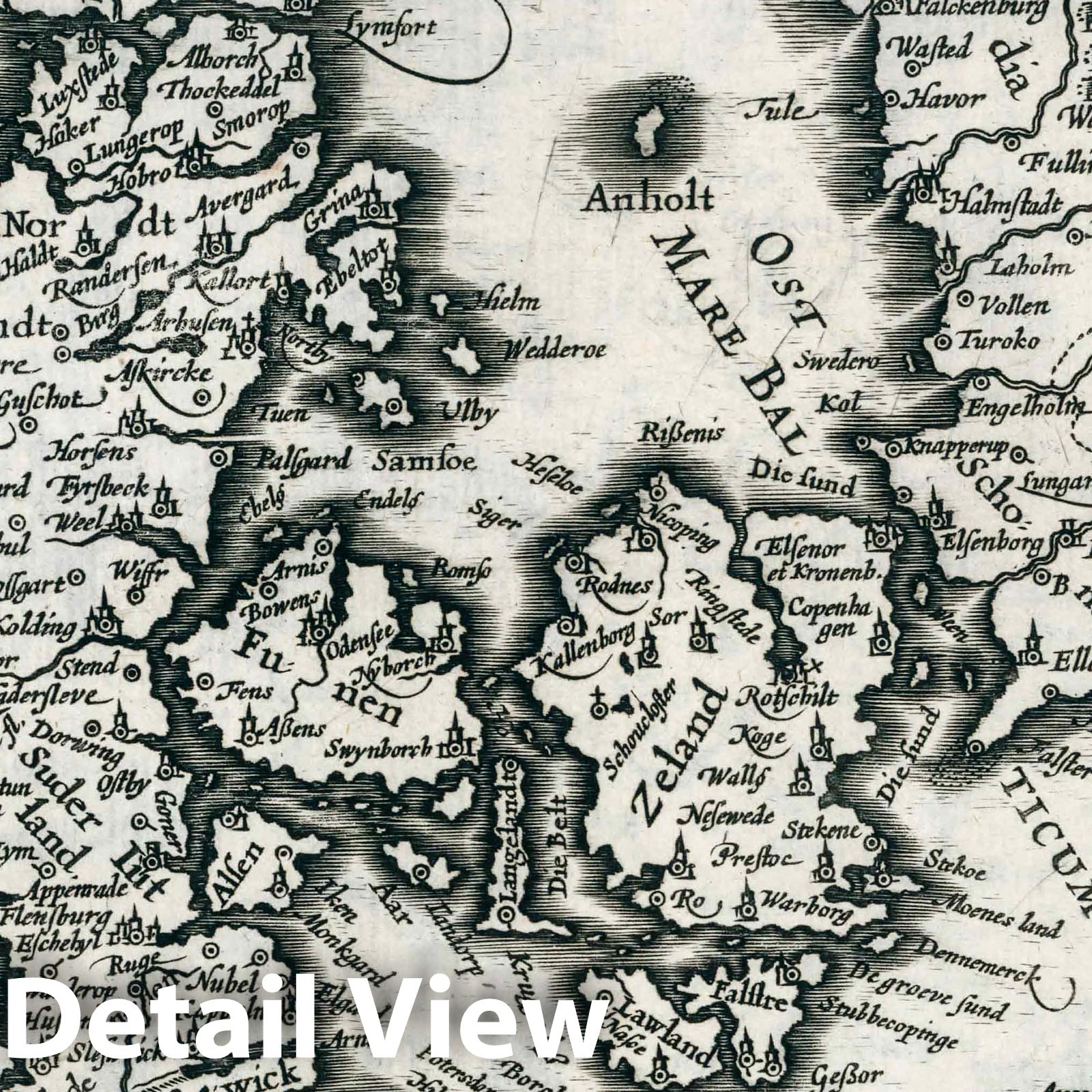 Denmark - River Map, 1636 - Historical Map Print