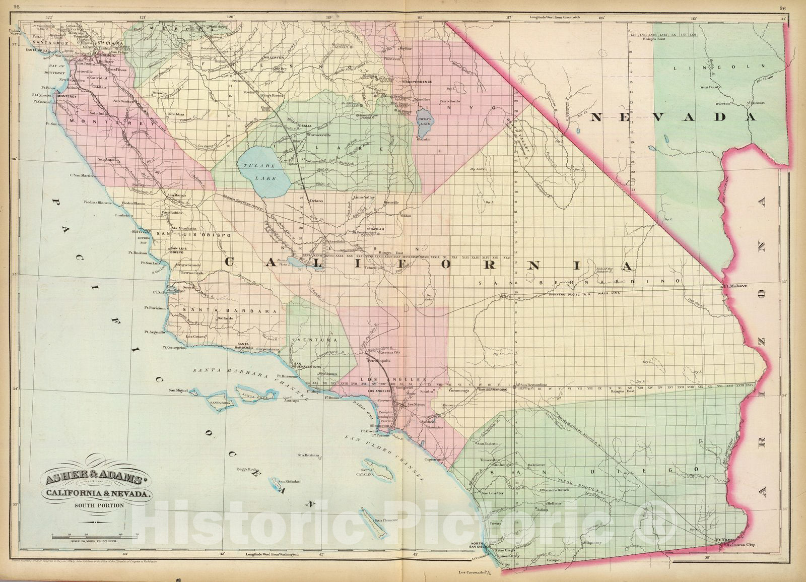 Historic Map : Calif, Nev. south. 1874 - Vintage Wall Art