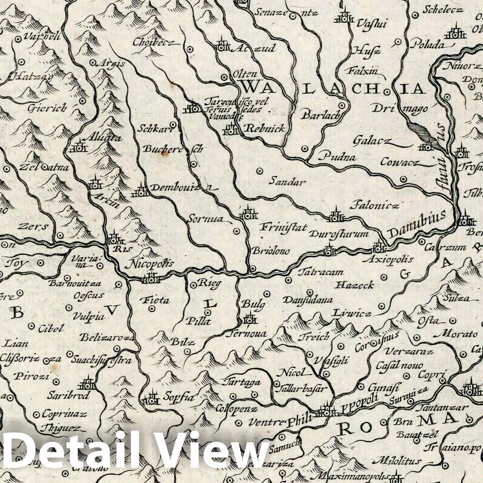 Wallachia, Serbia, Bulgaria and Romania - River Map, 1636