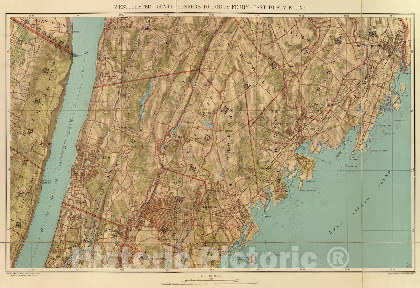 Historic Map : County Atlas Map, Westchester Co, Yonkers-state line. 1893 - Vintage Wall Art