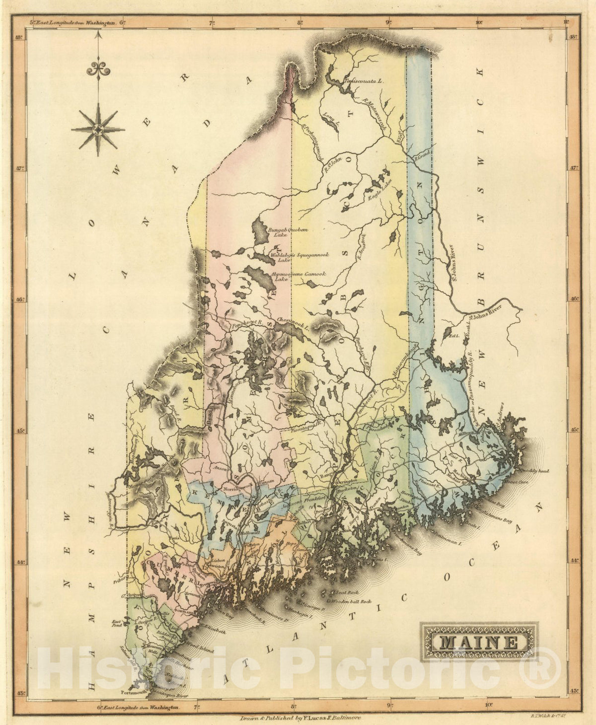 Historic Map : World Atlas Map, Maine. 1822 - Vintage Wall Art