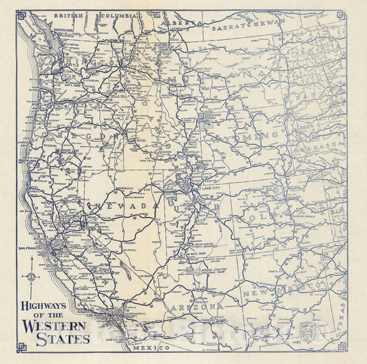 Historic Map : State Atlas Map, Highways of the Western States. 1938 - Vintage Wall Art