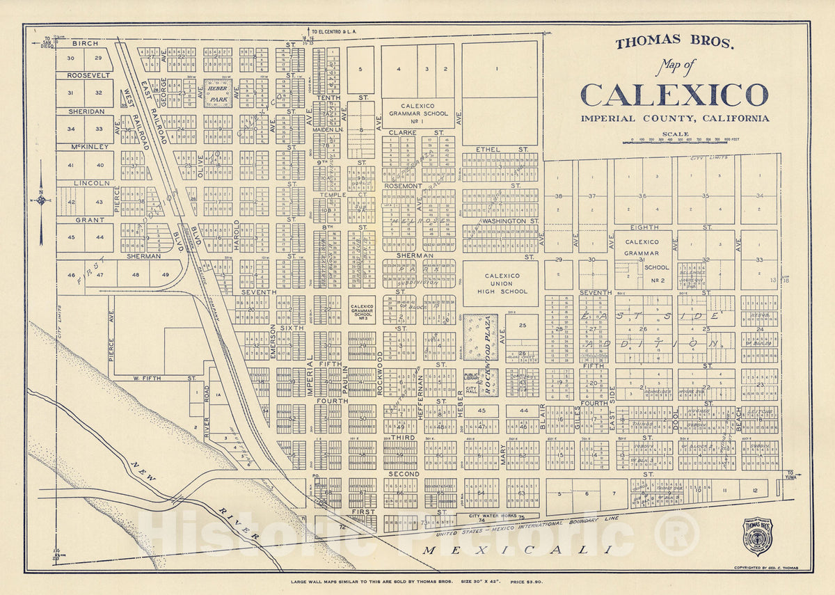 Historic Map - Thomas Bros. Map of Calexico, Imperial County, California, 1920, Thomas Brothers - Vintage Wall Art