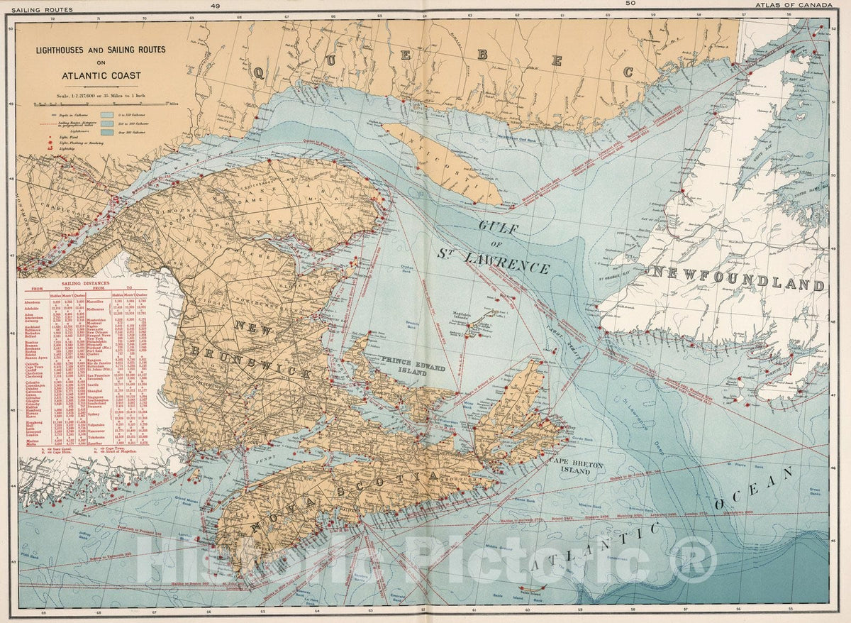 Historic Map : Lighthouses and sailing routes on Atlantic coast 1915 - Vintage Wall Art