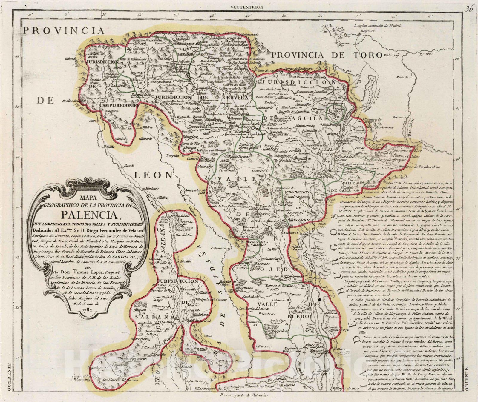 Historic Map : Spain, 36. Mapa geographico de la provincia de Palencia, 1782 , Vintage Wall Art