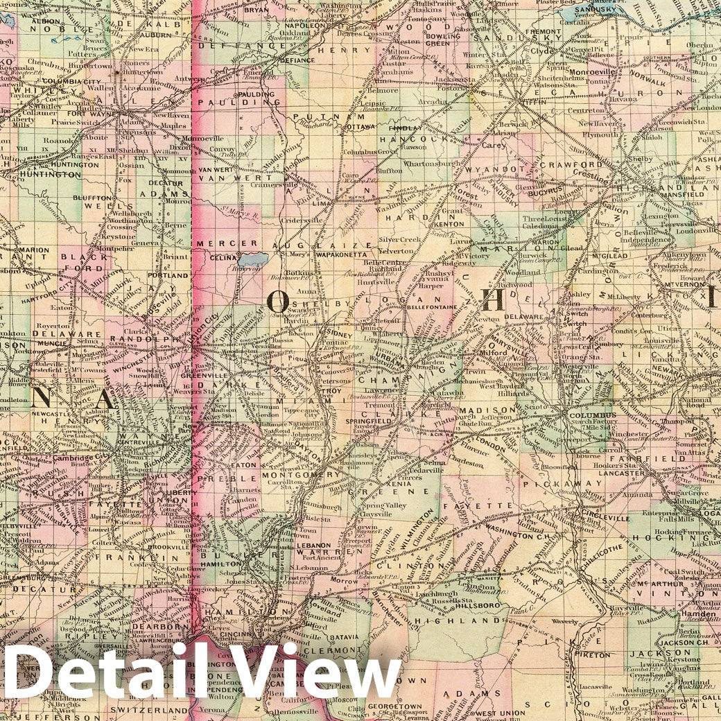Ohio and Indiana - Railroad Map, 1874 - Historical Map Print